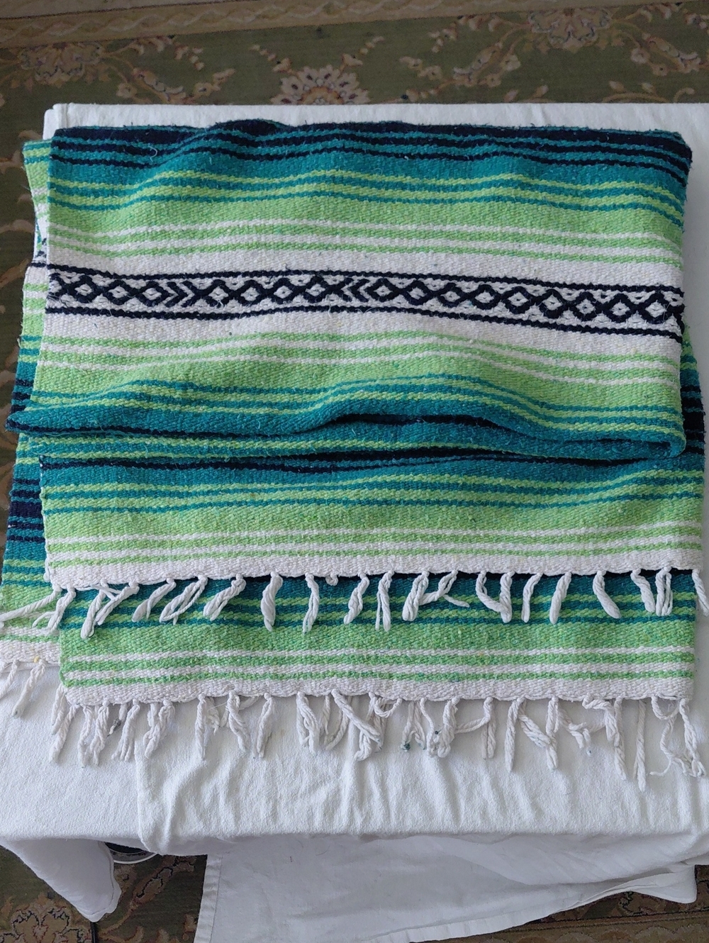 Mexican Serape Yoga Blanket | Teal and Light Green Woven Throw with White